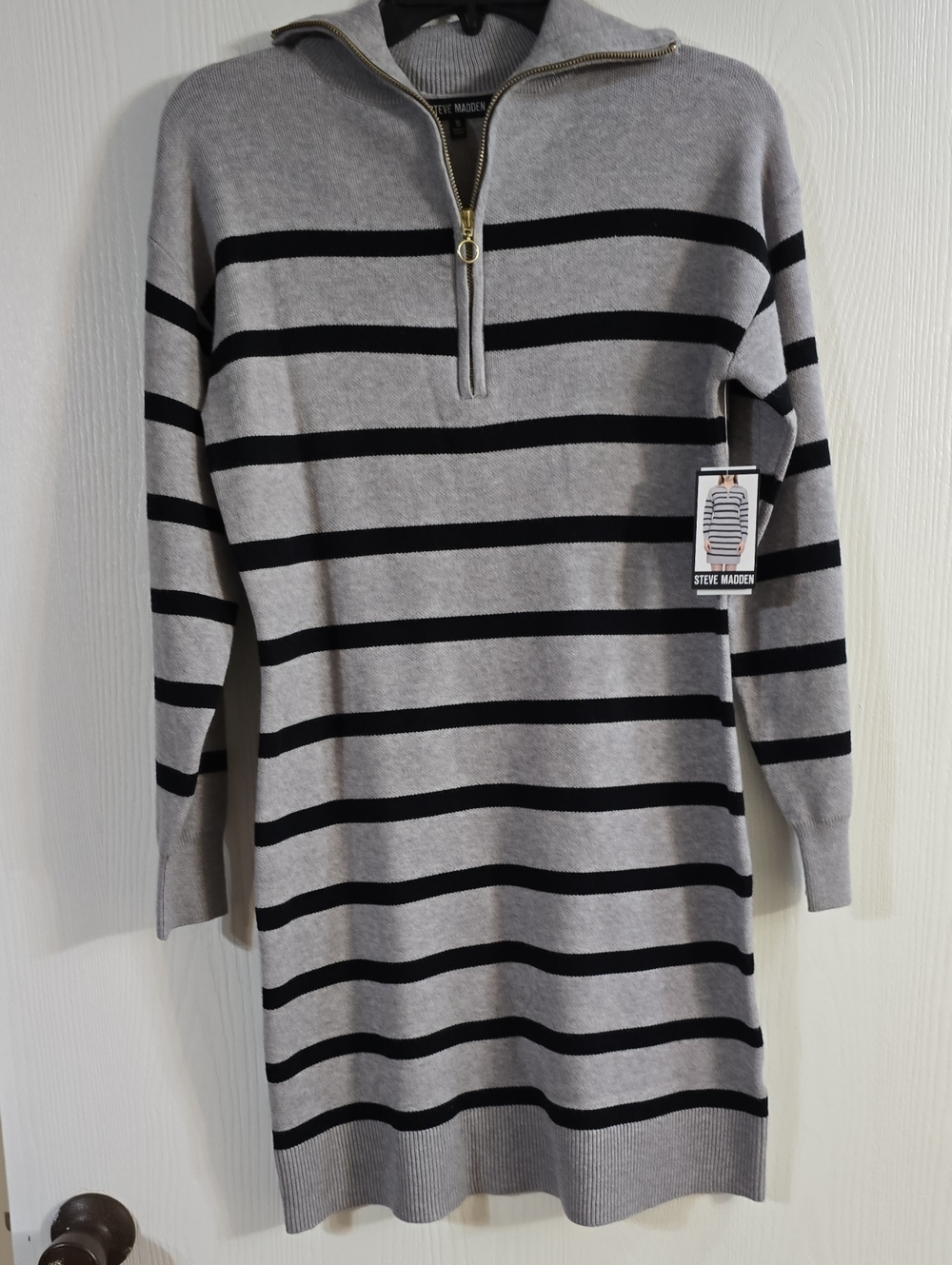 Steve Madden Gray and Black Striped Half-Zip Sweater